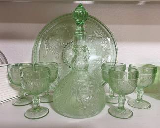 Indiana Glass Green Decanter Tray & Glasses Set