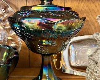 Indiana Peacock Blue Carnival Glass Compote Pedestal Dish