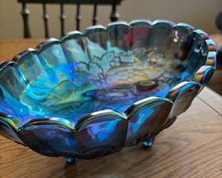 Iridescent Blue Carnival Glass Footed Oval Bowl