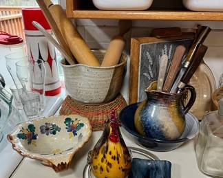 Speckled Brown/Cream Stoneware Mixing Bowl, Blue, Grey and Brown Pottery Pitcher, Blown Glass Rooster Sculpture, Corning Ware "Golden Wheat" Casserole Dishes