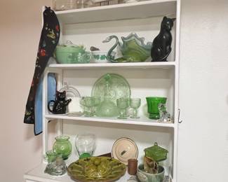 Emerald Green Glass Hobnail Vase, Jadeite Mixing Bowl, Green Hand Blown Art Glass Swan Bowl, Black Ceramic Siamese Cat Sculpture, Indiana Glass Green Decanter Tray & Glasses Set