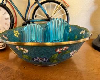Teal Cloisonné Floral Design Bowl