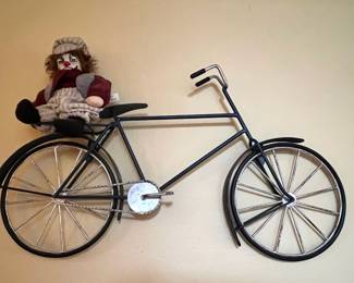 Vintage Bicycle wrought Iron Wall Art, Porcelain Hand Painted Face Clown Doll
