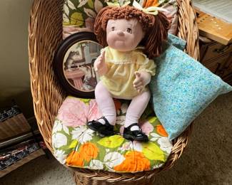 Cloth Doll with Red Yarn Hair, Children's Woven Wicker Barrel Chair