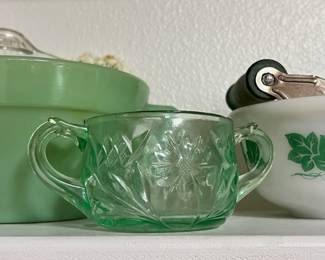 Jadeite Mixing Bowl, Green Depression Glass Floral Etched Sugar Bowl