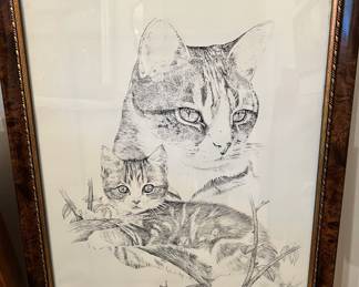 1993 Framed Pen Drawing Print of Cats by Patrick Hamilton