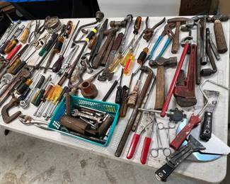Assortment of Hand Tools - Pliers, Screwdrivers, Pipe Wrench, Wrenches, Hammers