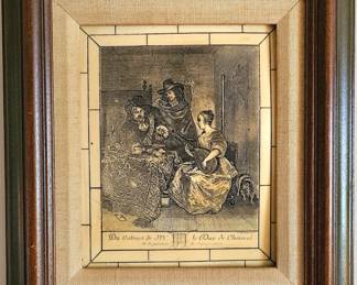 Du Cabinet de M. le Duc de Choiseul framed etching based on a painting by Gerard ter Borch.