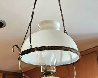 Antique Victorian hanging electrified parlor oil milk glass lamp.