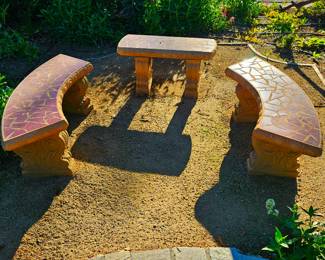 Total of 5 concrete garden / yard benches. Four with Mosaic tile inlay.