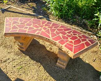 Total of 5 concrete garden / yard benches. Four with Mosaic tile inlay.