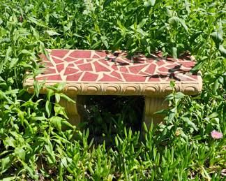 Total of 5 concrete garden / yard benches. Four with Mosaic tile inlay.