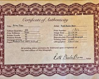 COA - Ruth Basler Burr LTD. ED. lithograph, signed & numbered.
