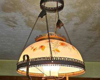 Antique Victorian hanging electrified parlor oil lamp.