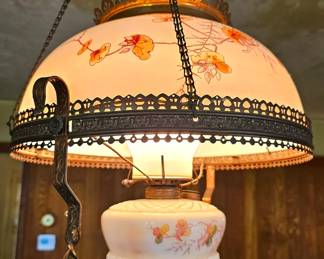 Antique Victorian hanging electrified parlor oil lamp.
