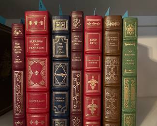 B216 - $20 Each. THE FRANKLIN LIBRARY - LEATHER BOUND. The Call of the Wild. Eleanor and Franklin. The Spirit of St. Louis. Alice in Wonderland. Jane Eyre. The Grapes of Wrath. My Antonia. (shelf 1)