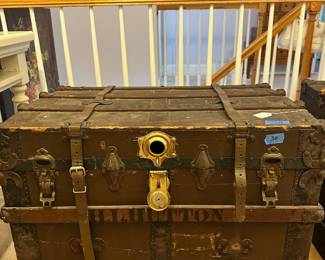 B27 - $30.  Vintage Steamer Trunk, used in attic to store clothing. Leather straps still in good condition.  Measures 32"W 20"D 23D"T