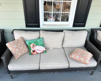 B1 - $600.  Brown Jordan Patio set 2 chairs, 3 seat couch and coffee table.  This set is in good condition, cushions and pillows could use a good cleaning from being on covered porch. All very sturdy. 