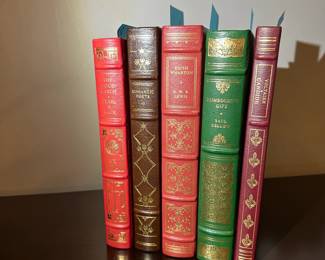 B203 - $10 Each. LEATHER BOUND FRANKLIN PRESS. The Good Earth. Romantic Poets. Edith Wharton. Humboldt's Gift. Candide.  (Basket 1) 