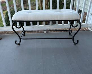 B179 - $30. Iron & Fabric Bench for covered porch. Measures 36.5" long x 15" deep x 18" tall. Sturdy - outdoor fabric needs cleaning. 
