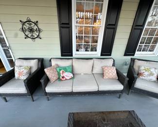 B1 - $600.  Brown Jordan Patio set 2 chairs, 3 seat couch and coffee table.  This set is in good condition, cushions and pillows could use a good cleaning from being on covered porch. All very sturdy. 