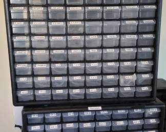 B103 - $25 , 64 drawer organizer with inductors, diodes, and small resistors
