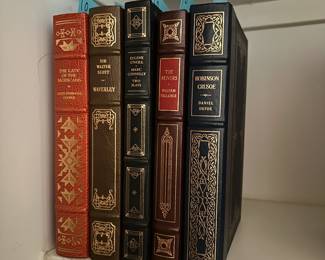 B214 - $10 Each. THE FRANKLIN LIBRARY - LEATHER BOUND. The Last of the Mohicans. Sir Walter Scott. Eugene O'Neill &  Marc Connelly - Two Plays. The Reivers. Robinson Crusoe. (shelf 1)