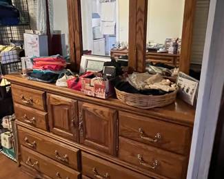 American Heirloom bedroom set with dresser, armoire, high boy chest of drawers, bedside table, and headboard/footboard. Looks great!