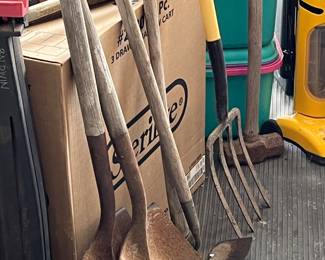 Garden tools, hoes, rakes, pitch fork, etc