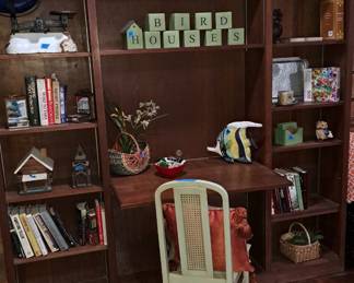 Wood chair with caning; lots of decorative items; antique scales