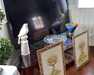 Art on board, pair of stone garden planters. Art glass. Bird on a pedestal.