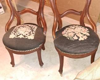 Pair of Victorian balloon back chairs with needlepoint seats