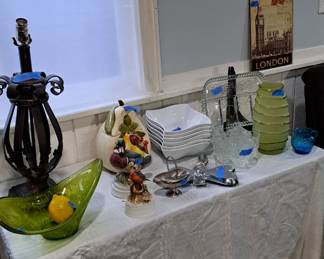 Vases. Cookie jar, bowls,   wought iron lamp base