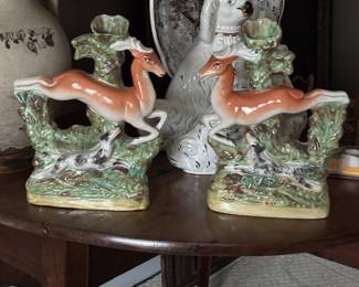 Pair or Staffordshire Spill Vases featuring Leaping Stags with Nipping Hunting Dogs