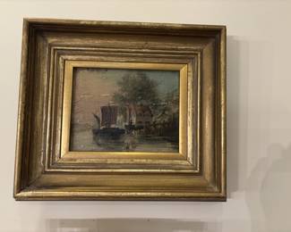 19th Century Oil of a Cottage and Ships