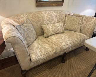 French Sofa with Carved Legs and Feet in Designer Upholstery