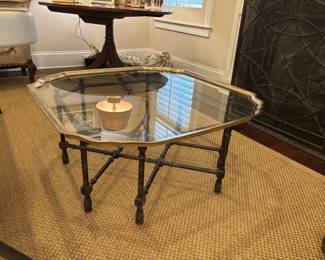 Designer Coffee or Cocktail Table Brass Surrounded Glass Top with Paint Decorated Base. Baker Furniture or Similar