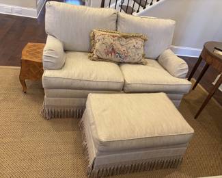 Ethan Allen Upholstered Love Seat and Ottoman