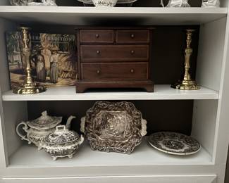 Brass Candlesticks, Miniature or Apprentice Chest, and Brown and White Transferware