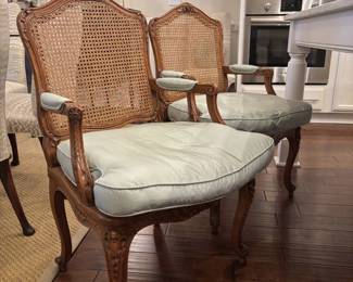 Pair of French Fauteuils Louis XV, Louis XIV. Cane Back and Seat with Down Cushions.