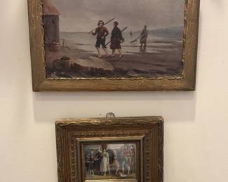 19th Century Continental Oil on Canvas of Fishermen and a Hand Painted Porcelain Tile or Plaque
