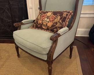Upholstered French Armchair or Bergere Chair. Nicely Carved with Updated Upholstery