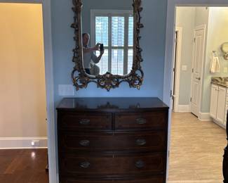 Georgian Style Inlaid Bow Front Chest and Gold Gilt Mirror 
