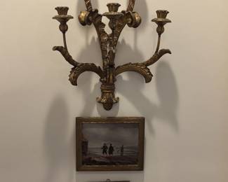 Italian Wall Sconce Candle Holder, Oil on Canvas, and Hand Painted Tile.