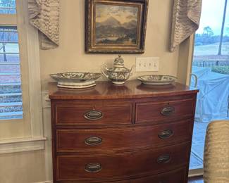 Inlaid Bow Front Chest with Inlay, Rose Medallion, Famile Rose, Oil on Canvas.