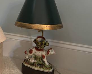 Staffordshire Spaniel Vase on Lamp Mount with Black & Gold Shade