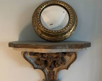 Pair of Paint Decorated Italian Wall Sconces and a Pair of Round Gilt Convex Mirrors