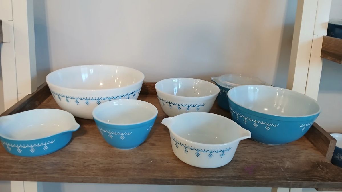Blue snowflake Pyrex collection (more not pictured)