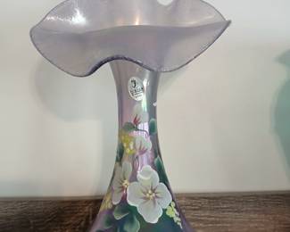 Amazing signed Fenton iridescent plum purple Jack in Pulpit vase .