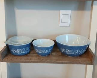 Blue and white vintage Pyrex .